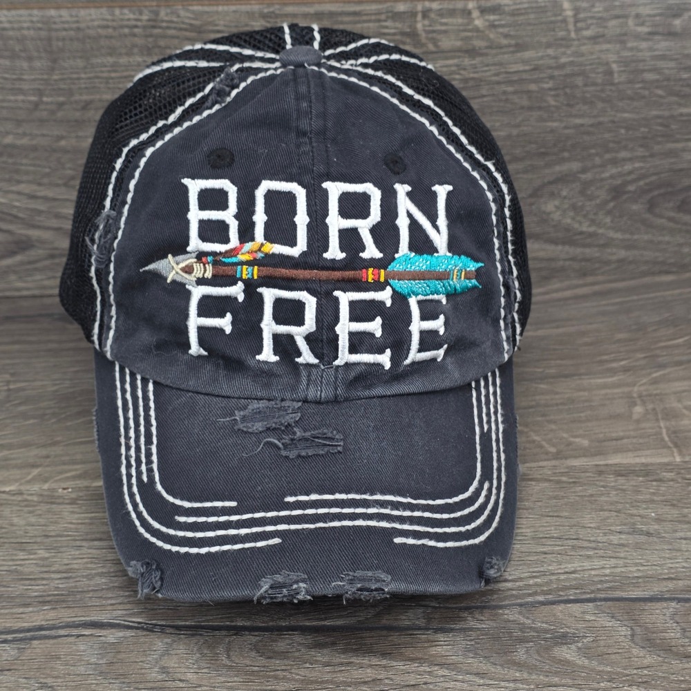 Born Free Hat KBETHOS Cap Womens Adjustable Strap Back Black Distressed Trucker